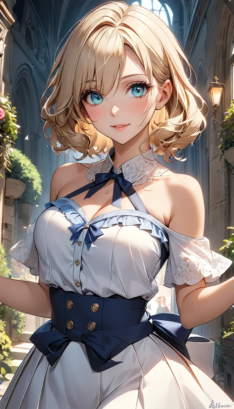 Anime style, super fine illustration, super clear illustration, highly detailed, beautiful detailed, super pale tone image, super delicate illustration, super calm & static image, static representation, gentle expression, 8k, angle from behind, pretty 1girl with blonde straight short hair & blue eyes & a bright smile & Big breasts & wide hips & pink nipples & soft fair skin is wearing the Traditional maid dress not to show her skin in the romantic room, maid cosplay, in the midnight, night view throught the window, solo, perfect fingers, perfect arms, perfect legs, masterpiece.