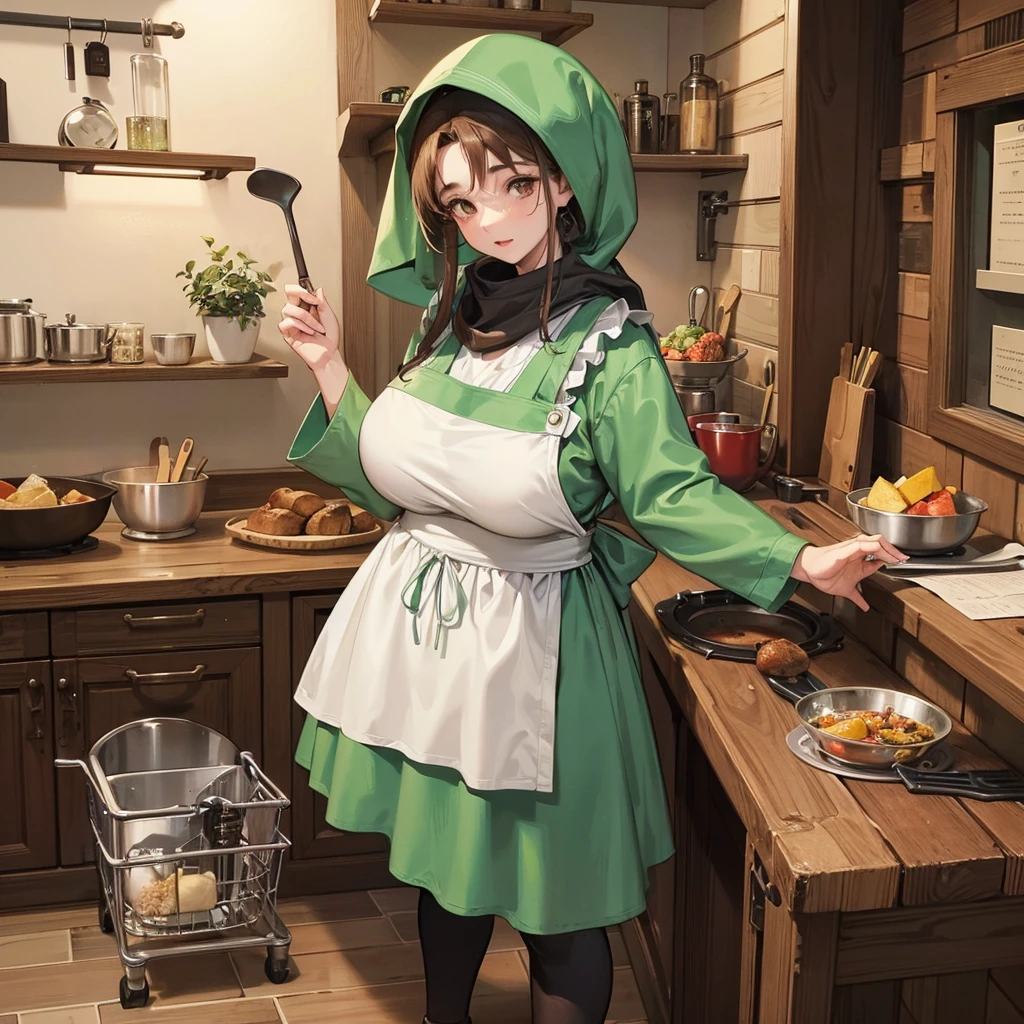1 girl, medieval character,
  The cook is 45 years old, quite plump but still sexy, has brown eyes, wears a pirate-style cooking headscarf, and ordinary housekeeper clothes in light green, Gray Chef Apron, Holds a pan and a ladle, Very detailed, very beautiful, very balanced.