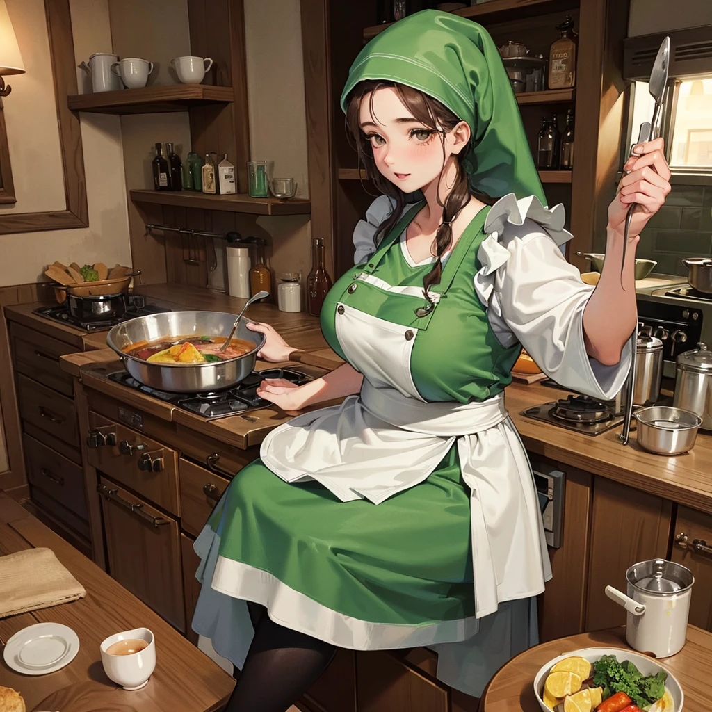 1 girl, medieval character,
  The cook is 45 years old, quite plump but still sexy, has brown eyes, wears a pirate-style cooking headscarf, and ordinary housekeeper clothes in light green, Gray Chef Apron, Holds a pan and a ladle, Very detailed, very beautiful, very balanced.