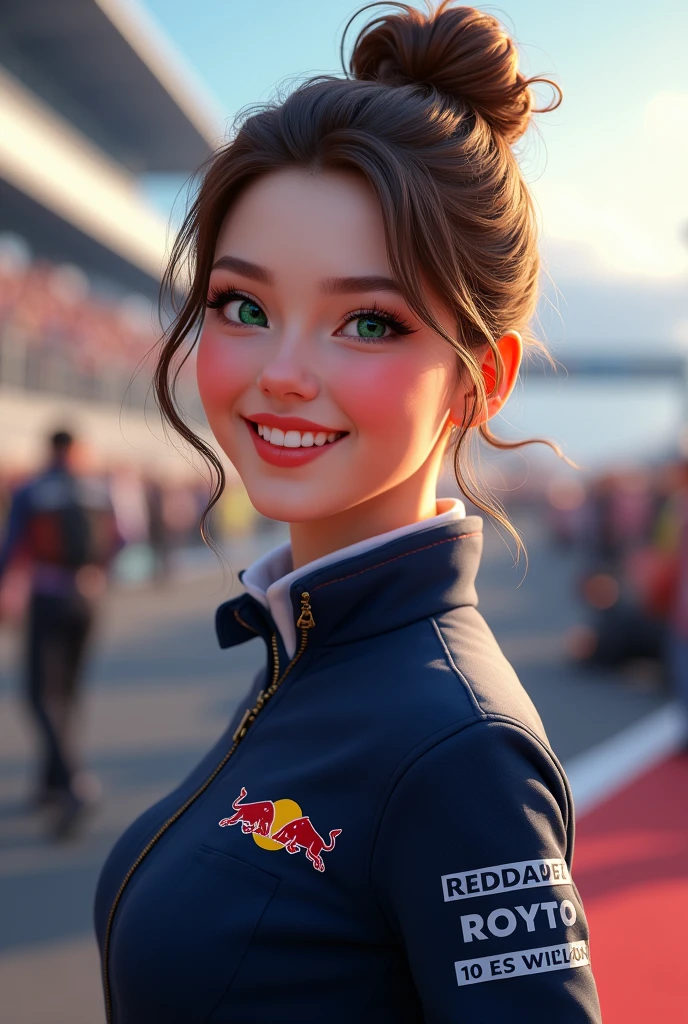 A beautiful 21 year old, Light brown bun hair, greeneyes, beautiful smiling, dimples and white skin cheering for a Formula 1 race in a navy blue Carter&#39;s uniform