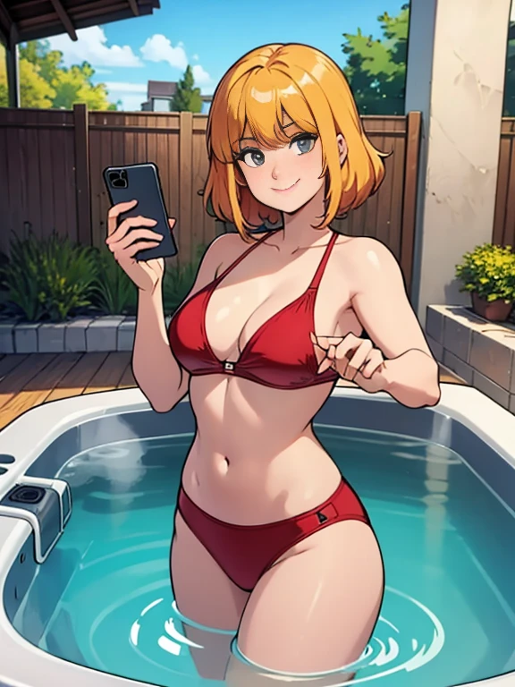 There was a woman standing in a hot tub., Take a selfie, sunny, smile