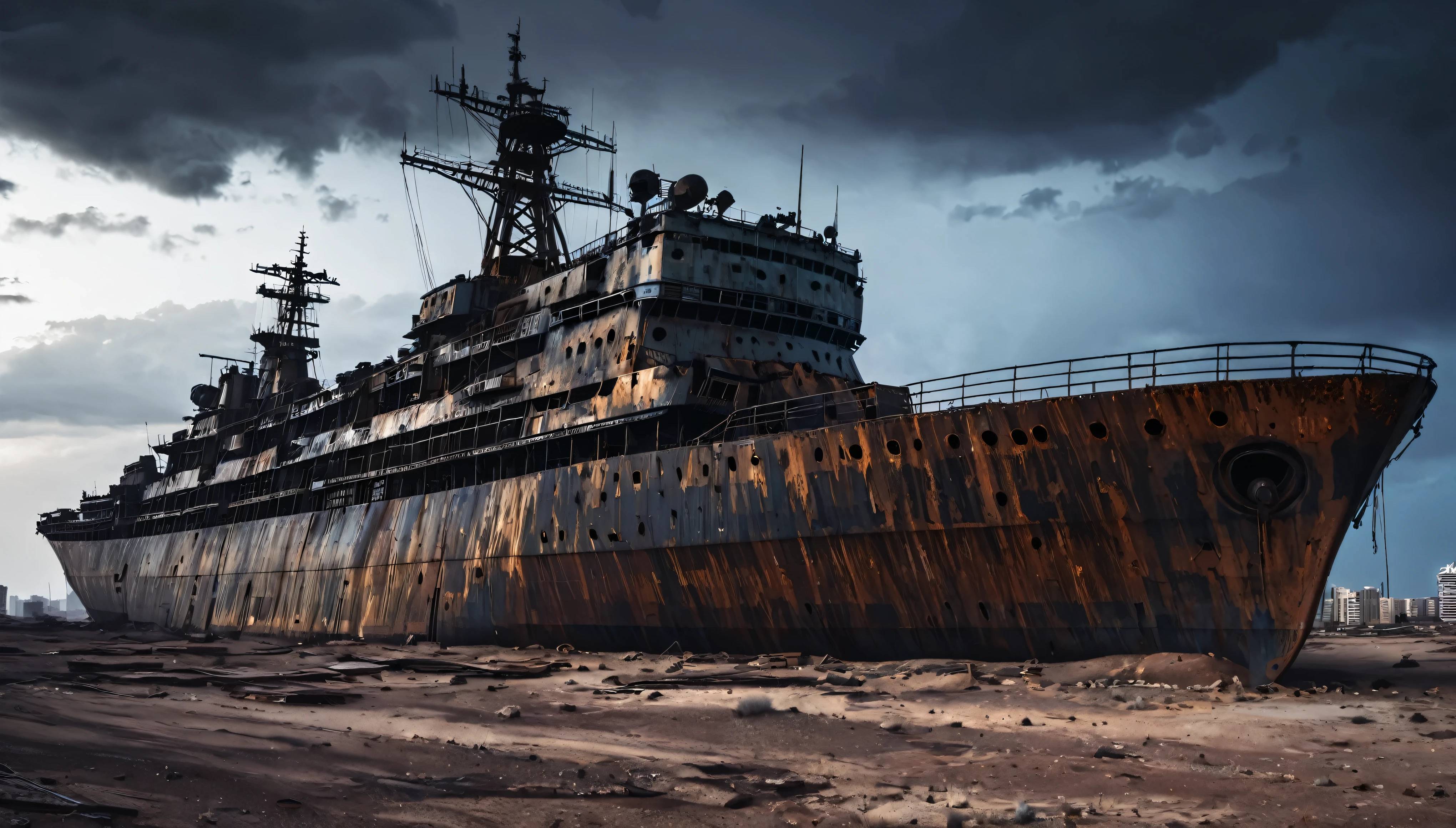 abandoned rusty big warship, post apocalyptic, night desert dark cloudy, and abandoned city in the background, large buildings