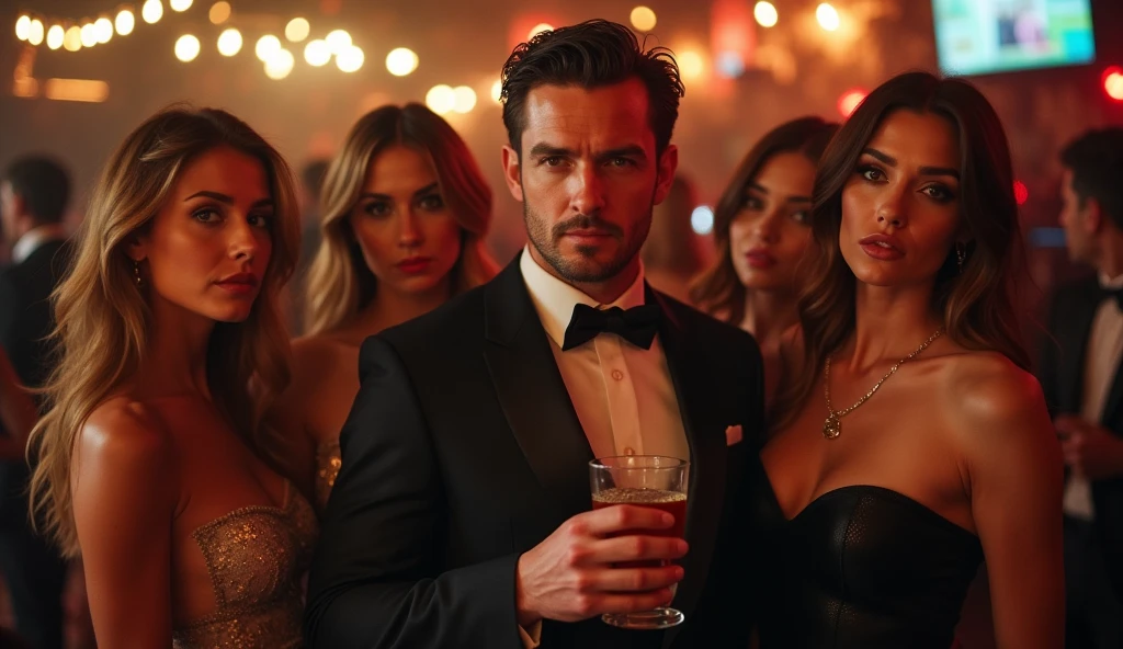 "A confident man, with a drink in hand, being watched by three women with suggestive looks, in a crowded bar, with the dance floor in the background."