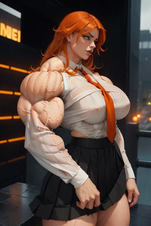 ((Close-up)), tall, (orange hair) beautiful muscular woman, long shaggy hair, pale white skinned, closed smile, (black lipstick), (massive muscles), (hyper muscle), (ginormous bulky muscles), green eyes, ((long sleeve orange pleated shirt)), ((long black pleated skirt)), (sensual pose), necktie, boots, (on a raining rooftop), 