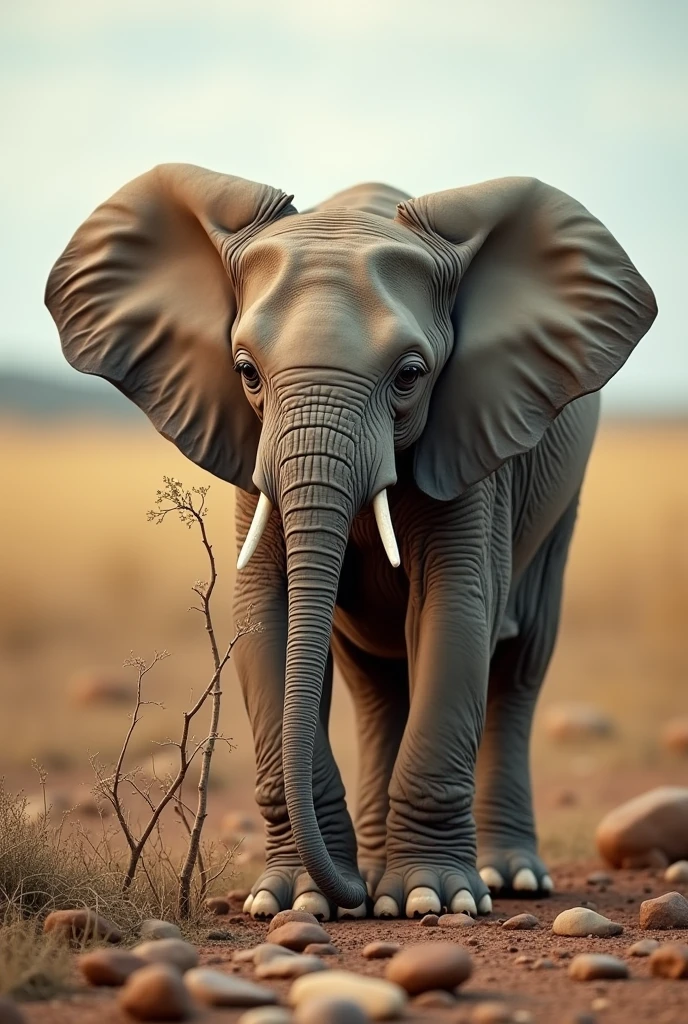 Make a realistic image of a baby elephant holding branches with its trunk. near him there is a pile of stones . the landscape is of the African savannah