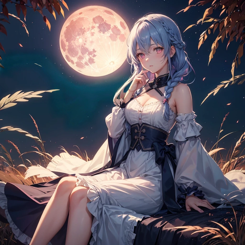 (Braiding),(Sky blue medium hair), (Pink eyes),(Fair skin) ,(whole body),(One Girl),(harvest moon),(A large amount of Miscanthus sinensis in the background),autumn,(full moon),(masterpiece, Highest quality, Very detailed, Best Shadow), (Detailed Background), (Beautifully detailed face), High Contrast, (Best lighting, Very delicate and beautiful), ((Cinematic Light)), Hyper Detail,8k, Dramatic Light, Intricate details