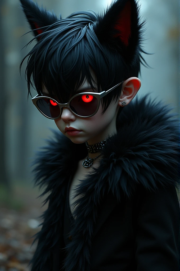 A boy,black fur,short,Red eyes,Wear sunglasses, introvert,It's gothic,Use silver accessories