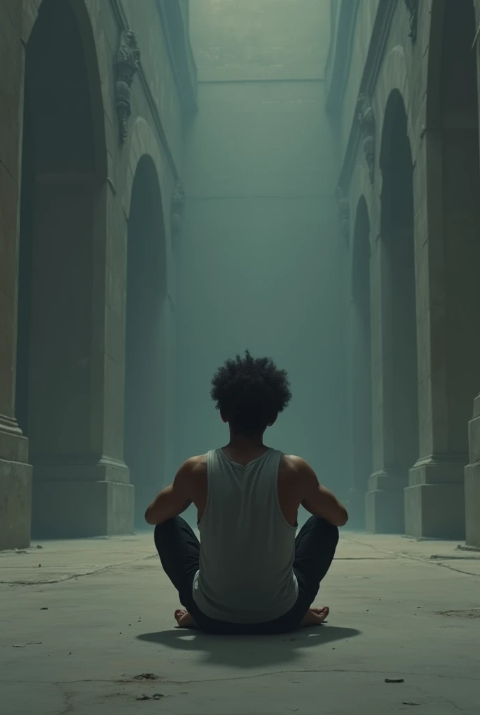 A young dark-skinned man , with curly hair alone in a giant room , sitting on the floor trying not to think about his ex , in third person