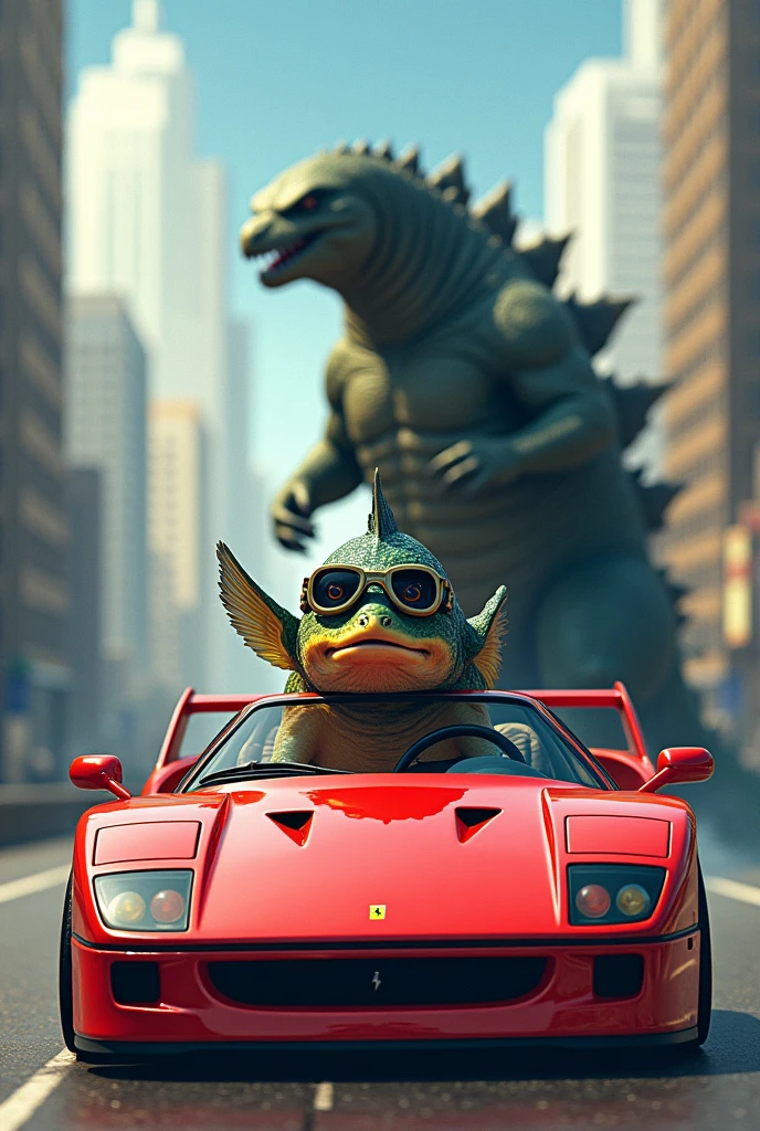create a fish driving a ferrari f40 and next to a godzilla