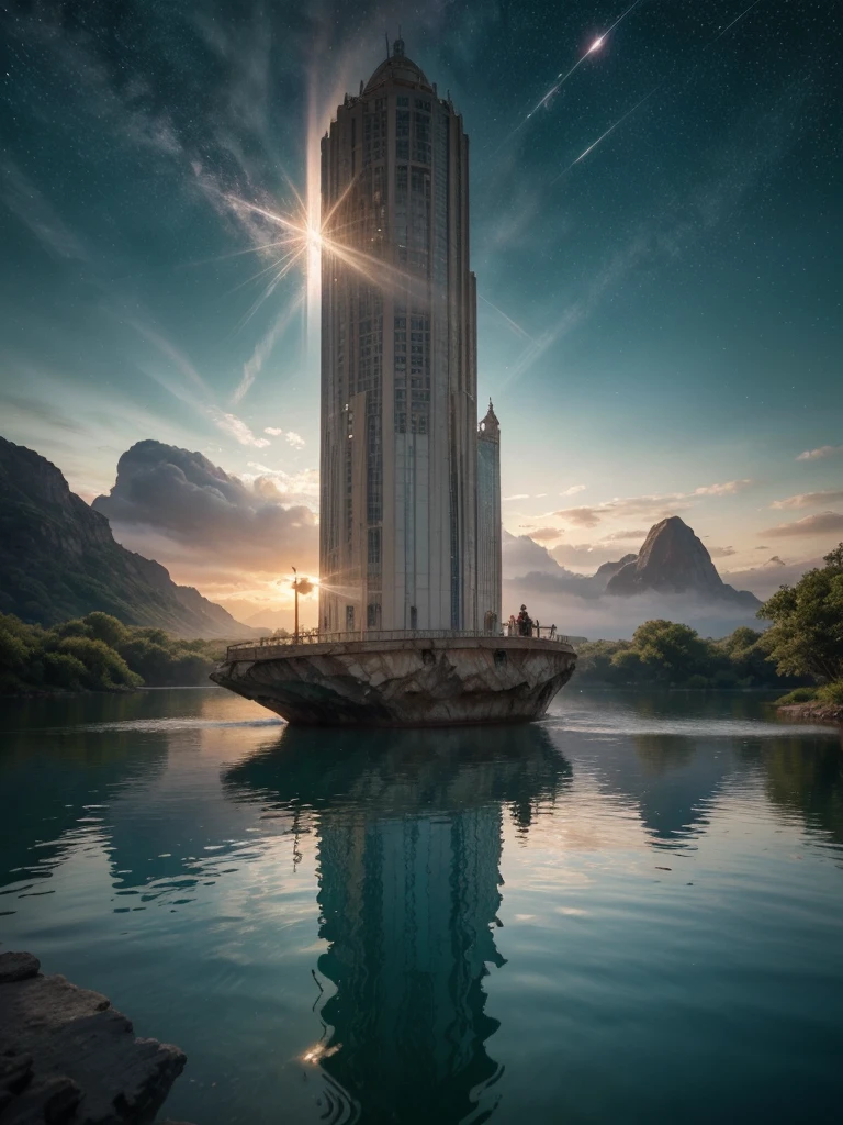 (8k, highest quality, masterpiece, final fantasy style: 1.2), (unRealistic, photoRealistic: 1.37), Dreamy landscape, Fantasy, Unsurreal landscapes, Super detailed, Flying Castle, Floating Island in the Sky, Seven-colored swirl of light, Intense lightning, milky way, Complex Light, Colored light, Large Lake, Starry sky reflected on the lake surface, Countless shining stars, Meteors, Reflections , (A pillar of light emanated from the ground:1,2), roses and orchids gardens , sunset, pink clouds, waterfalls in the sky, realistic style, Hyperrealism drawing, a flying pirate spaceship floating at the clouds level, burning skyscrapers, cyborgs, timeless realms, stunning princess , floating hair, pink lipstick, cute, naked shoulders , casting spell, healing light magic effect, in a magical lagoon of the fairyland, crystal clear water surface reflections, sharp focus, looking at viewer, (close-up:0.9), (bright white theme:1.2), (bright white tone:1.2), (deep blue tone:1.3), realistic, Hyperrealism,