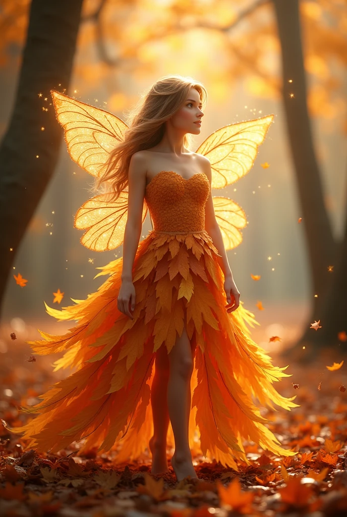 Autumn fairy with light brown hair in a dress made of qutumn leaves and has sparkly wings. She aureound by autumn trees