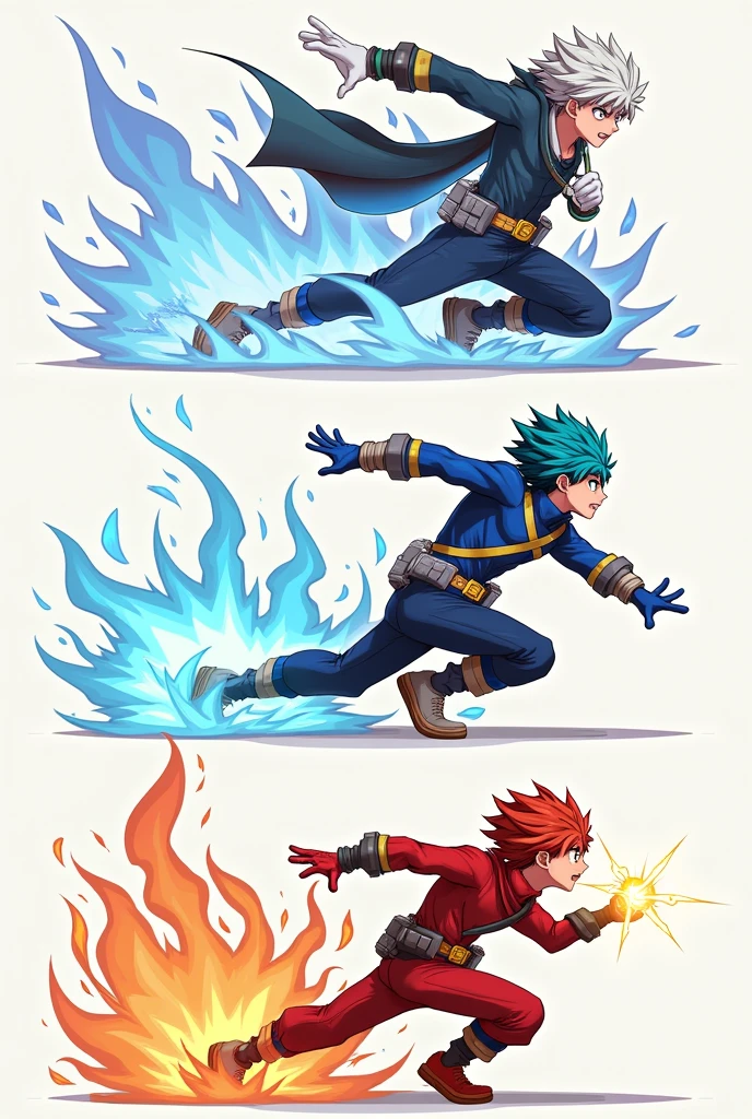 
Could you make me Shoto from My Hero Academia in 2D for a game, one where he is normal, another in motion, and one jumping or throwing something? 