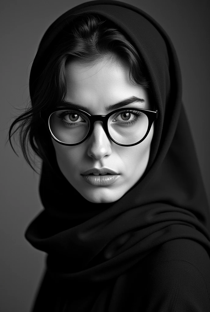 A woman with dark hair and intense eyes, wearing a headscarf and round glasses, looks directly at the camera with a serious expression. Her lips are slightly parted, and her gaze is unwavering. The image is rendered in a classic black and white style, emphasizing the starkness of her features and the intensity of her expression.

[A portrait capturing the essence of strength and determination, reminiscent of the work of  Annie Leibovitz], [Sharp, dramatic lighting, highlighting the textures of the woman's clothing and the sharpness of her gaze, with a blurred background, creating a sense of depth and focus on the subject. The colors are stark black and white, evoking a sense of power and control.]