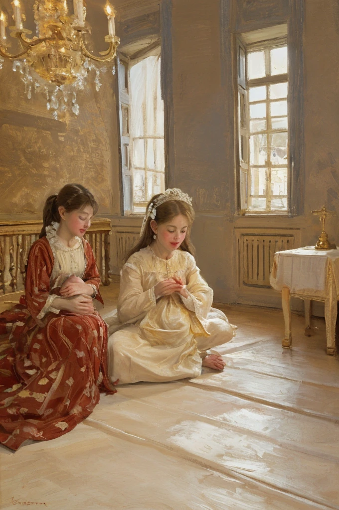 kids at balcony; pillars with vaulte arch; front view; with dress; caravaggio painting; white architecture; kids trying to get the birds at the top of guard; hight quality face