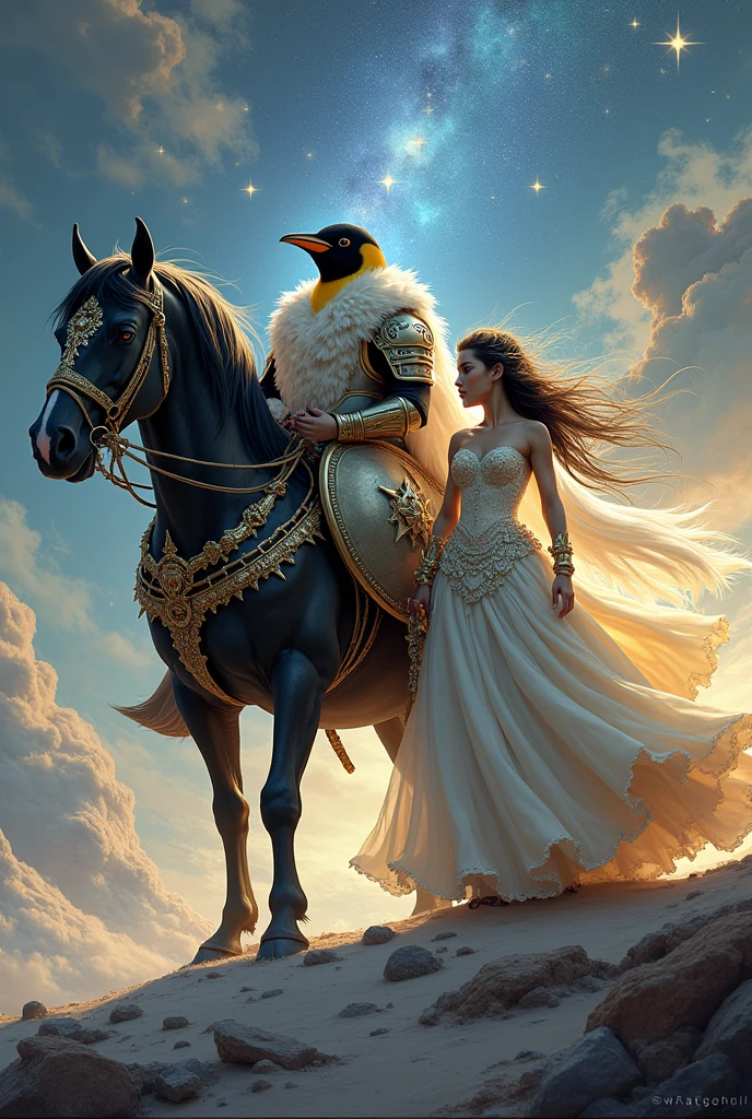 Penguin with a star princess and his horse for war with shield and sword
