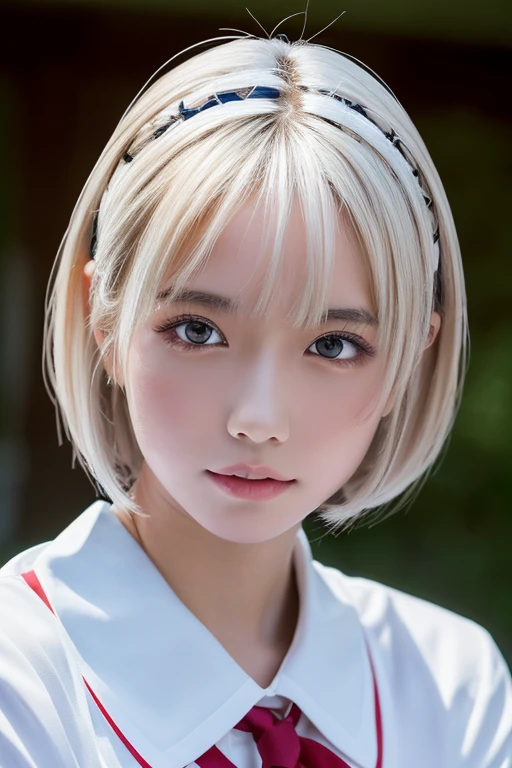 ((masterpiece, Highest quality, High resolution)), 1 Japanese girl, (Realistic: 1.4), Great face, ************, Glossy lips、Lips with lip gloss、White Hair、short hair, White Hair、(Beautiful Hair:1.5),Sailor suit、school uniform、Summer clothes、Red tie、See through、School classroom, Side angle, Highly detailed CG composite 8K wallpaper, High resolutionのRAWカラー写真, Professional photography, Light, BackLight, dream-like, impressive, Written boundary depth, (Face close-up:1.5)