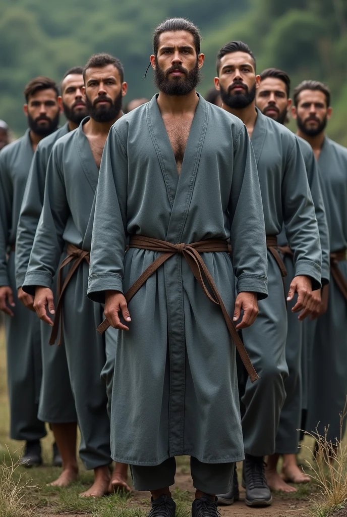 ten mens, Gray robes, physical type from the interior of Brazil, flexible and agile, but with good muscularity, handsome face with beard, light and compact clothing reminiscent of a rogue/ninja