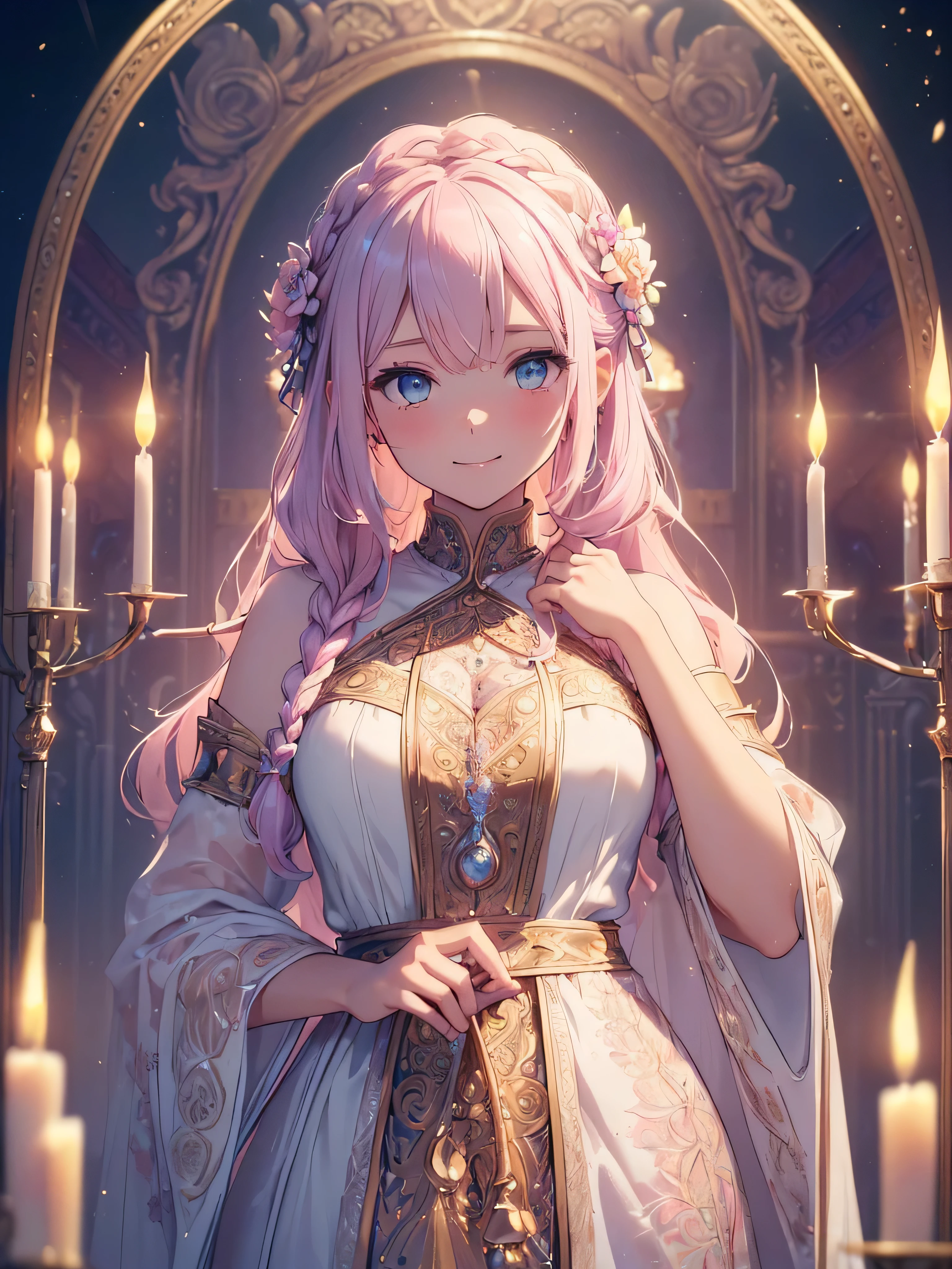 (((best quality, sharp image, clear image, cinematic lighting, 8k resolution, masterpiece, ultra detailed, intricate))) Girl, cute, priestess, intricate dress, braided hair, smiling,pastel pink, pastel blue, ((intricate background)), (flower frame), portal,frontview, candles