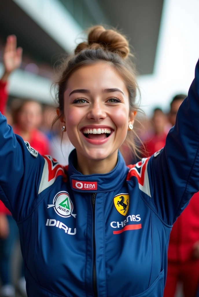 A beautiful 21 year old, Light brown bun hair, greeneyes, beautiful smiling, dimples and white skin cheering for a Formula 1 race in the navy blue Carter team uniform