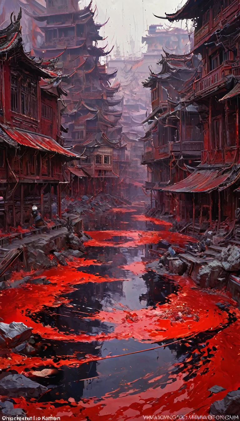 river of blood, world of chaos, art inspired in Wadim Kashin, Intricate Details, Oil