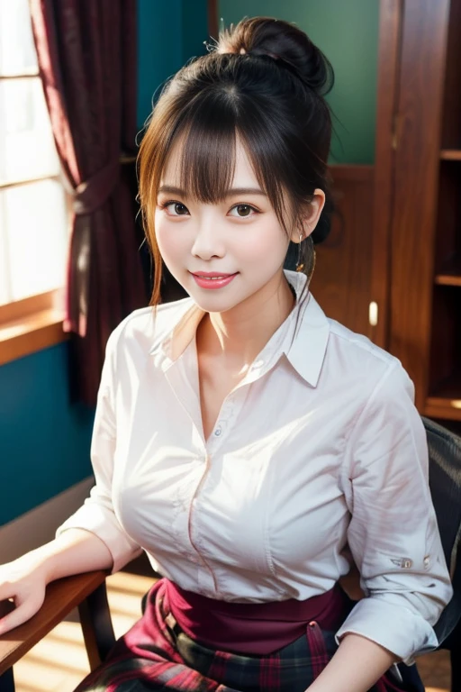 (A beautiful Japanese office lady, age 28, wearing formal White shirt with buttons & pink pencil skirt, resting in office at midnight,

 Respectful expressions, kind smile, dimpled chins, cute snaggle-tooth, short bob hair ponytail, symmetrical face, realistic detailed face, beautiful detailed eyes, perfect body proportions, hourglass figure, ample round bosoms, hige breasts,

photorealistic, hyper-realism, high contrast, ultra HD, realistic skin textures, top image quality, top-quality, super high resolution, fine details, very meticulously, masterpiece, medium shot, close-up shot, waist focus, High Angle Shot, bokeh background, SFW, Safe For Work)