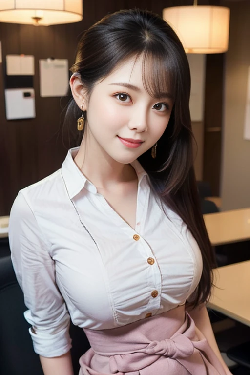 (A beautiful Japanese office lady, age 28, wearing formal White shirt with buttons & pink pencil skirt, resting in office at midnight,

 Respectful expressions, kind smile, dimpled chins, cute snaggle-tooth, short bob hair ponytail, symmetrical face, realistic detailed face, beautiful detailed eyes, perfect body proportions, hourglass figure, ample round bosoms, hige breasts,

photorealistic, hyper-realism, high contrast, ultra HD, realistic skin textures, top image quality, top-quality, super high resolution, fine details, very meticulously, masterpiece, medium shot, close-up shot, waist focus, High Angle Shot, bokeh background, SFW, Safe For Work)