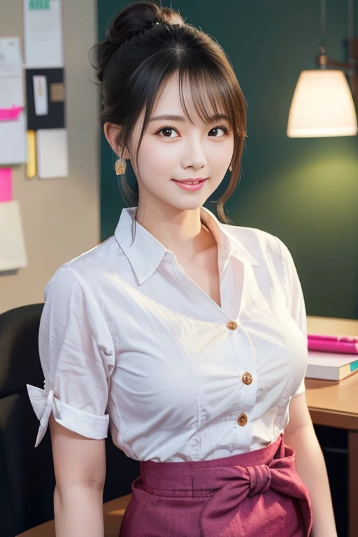 (A beautiful Japanese office lady, age 28, wearing formal White shirt with buttons & pink pencil skirt, resting in office at midnight,

 Respectful expressions, kind smile, dimpled chins, cute snaggle-tooth, short bob hair ponytail, symmetrical face, realistic detailed face, beautiful detailed eyes, perfect body proportions, hourglass figure, ample round bosoms, hige breasts,

photorealistic, hyper-realism, high contrast, ultra HD, realistic skin textures, top image quality, top-quality, super high resolution, fine details, very meticulously, masterpiece, medium shot, close-up shot, waist focus, High Angle Shot, bokeh background, SFW, Safe For Work)