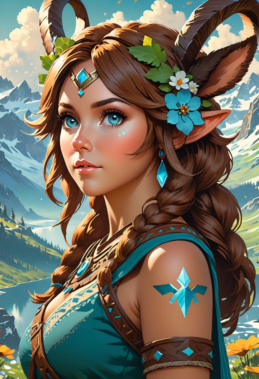 Anthropomorphic  feminine satyr enchantress. Official Art – An Award-Winning Digital Masterpiece In 4K Ultra HD, Extreme Detail And Intricate Realism. Symmetrical Face. This Concept Art Brought To Life By The Hands Of Artists Like Wlop & Artgerm In A Stunning 2D Vector Illustration. Breath of the wild. Background Is A Panoramic Vista.
