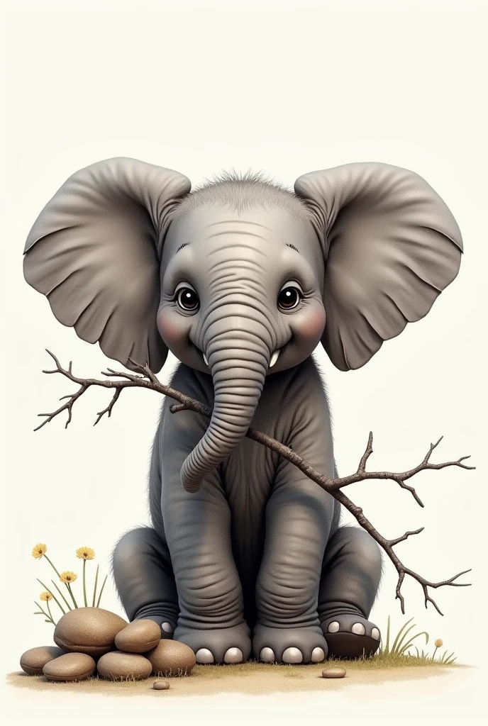 Make a realistic picture of a baby elephant holding branches with its trunk and holding branches with its feet. near him there is a pile of stones .