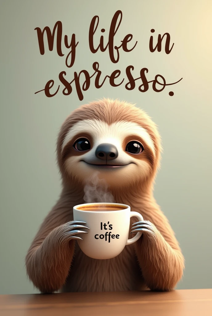 Make me a picture with a sloth holding a cup of coffee that says tt's coffe and above that says my life in an espresso