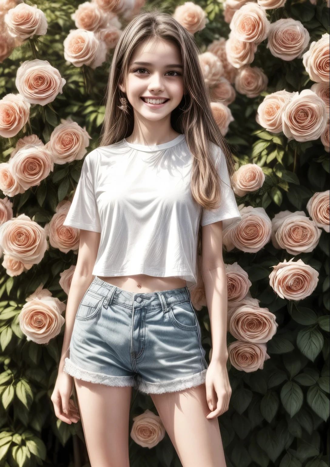 Masterpiece, a young beautiful girl, smiling, looking at the camera, standing in front of a clump of roses, wearing shorts and t-shirt, white sneakers. Wearing a top and shorts, flowers, full-body photo, casual pose, slender legs