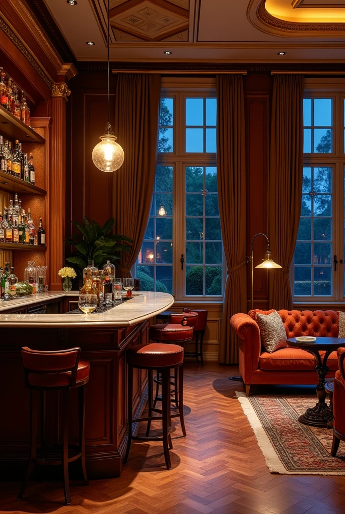 Bar in the left corner of a large living room of a beautiful mansion at night.
