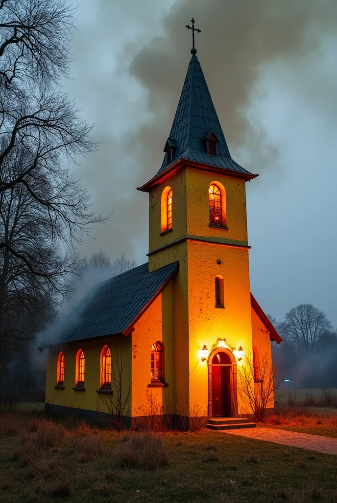 Church with a central yellow tower partially neglected and on fire