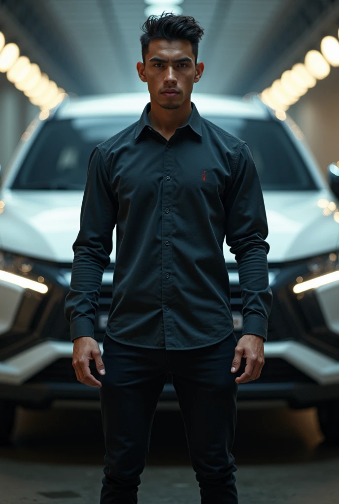 A young  25 year boy give a good action for photo shoot. And he stand in front of Mitsubishi car
