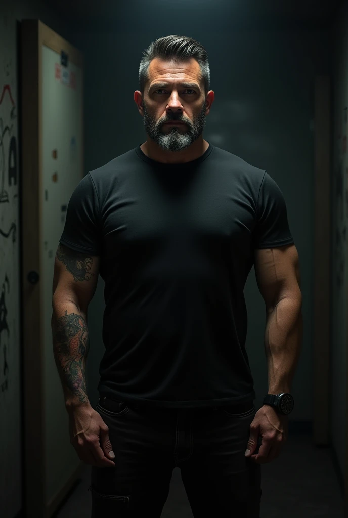 Male, 5ft 6inch, dark brown with gray in short hair grade 2, longer hair on top grade 4, muscular arms, tattoo on upper left  arm, short sleeve black t-shirt, meduim build, black jeans, short tight beard slightly graying, in very dark room, average looking,