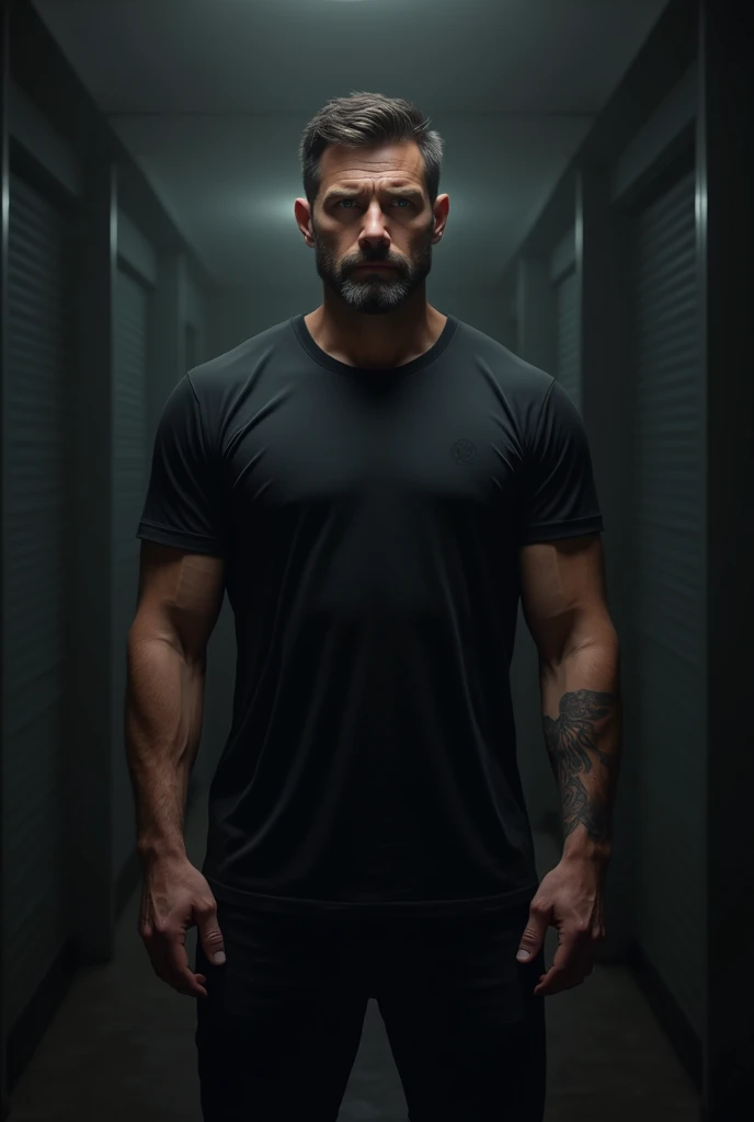 Male, 5ft 6inch, dark brown with gray in short hair grade 2, longer hair on top grade 4, muscular arms, tattoo on upper left arm, short sleeve black t-shirt, meduim build, black jeans, short tight beard slightly graying, in very dark room, average looking,