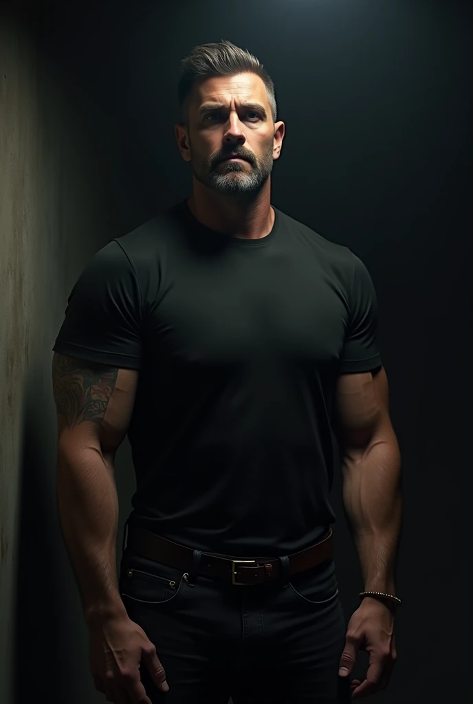 Male, 5ft 6inch, dark brown with gray in short hair grade 2, longer hair on top grade 4, muscular arms, tattoo on upper left  arm, short sleeve black t-shirt, meduim build, black jeans, short tight beard slightly graying, in very dark room, average looking,