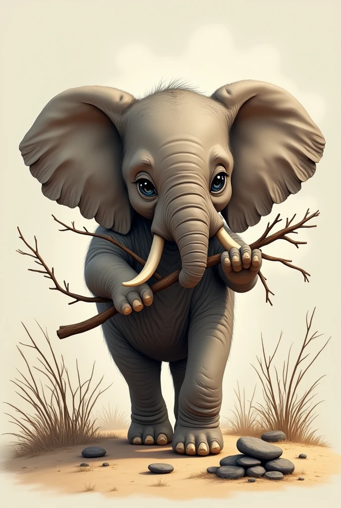 Make a realistic picture of a baby elephant holding branches with its trunk and holding branches with its feet. near him there is a pile of stones . he's walking