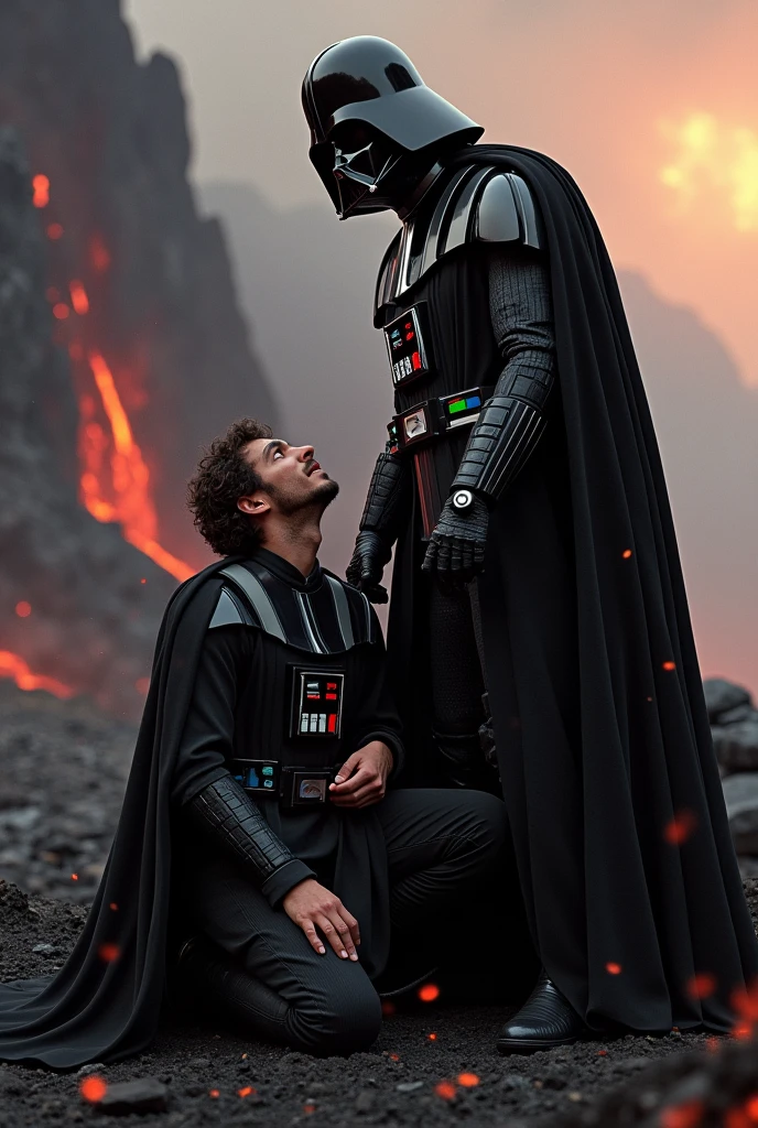 Darth Vader comforting Anakin Skywalker from episode 3 who is crying. Both are in Mustafar 
