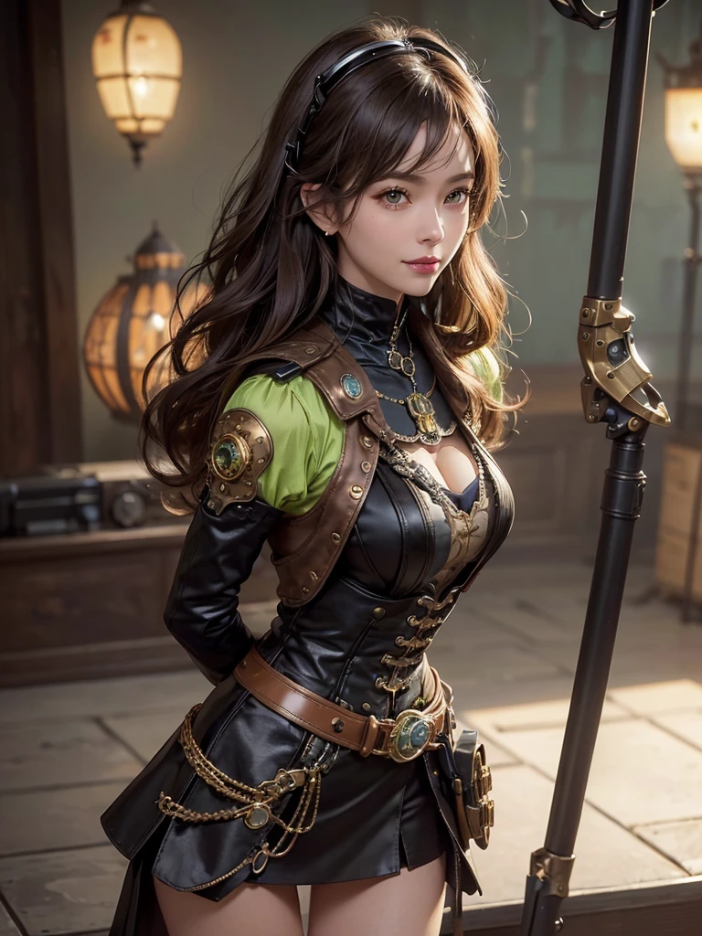 Woman portrait、Highest quality、Rear View、8k,Detailed face, clear, Fine skin、clear, Beautiful Eyes、whole body、(Curly Hair)、My hair was messed up by the wind、The beauty of a smile、(Attractive muscles、expensive),(Hip_Excellent, Hip Excellent), Mature Woman,( Observe the audience),Realistic, High resolution, Soft Light,1 female, alone, Hipアップ, Glowing Skin, (Detailed face), Sexy smile, Perfect Style, Perfect balance,Blonde,Short Hair,Sad expression,((Steampunk gathered skirt、Houndstooth)),(Black and brown mech, High-tech Mecha,Beautiful steampunk cyborg woman,Steampunk Mech Cyborg Girl,Lime green steampunk green and white jacket,High Leg,steampunk body stocking,A richly decorated gold belt,beads,Elbow hand pockets,Gemstone Helmet,brown dress shirt,Short tie with jewels,Wrist cuff,Gemstone Helmet,steampunk body stocking,one piece),((Put your arms behind your back)),(Bokeh),(Studio Lighting)