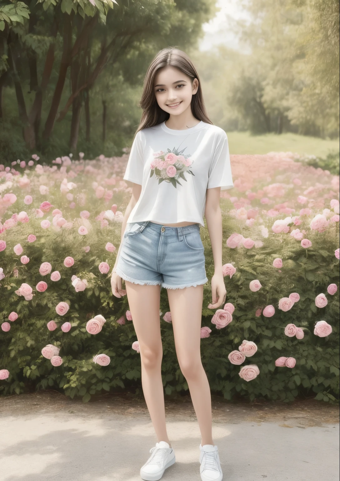 Masterpiece, a young beautiful girl, smiling, looking at the camera, standing in front of a clump of roses, wearing shorts and t-shirt, white sneakers. Wearing a top and shorts, flowers, full-body photo, casual pose, slender legs