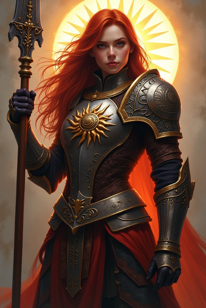 redhead woman with long black hair of the strong cleric class with armor and shield with sun crest and holding a massive weapon