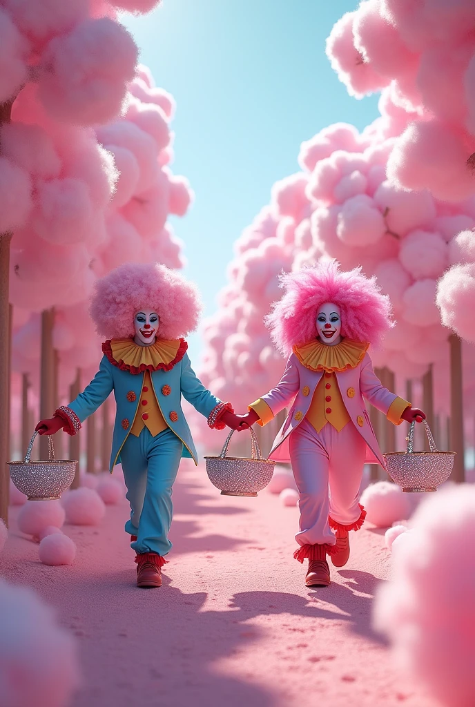 a cotton candy plantation with many clowns harvesting with diamond baskets