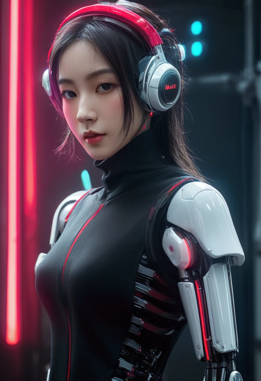 xxmixgirl. Highly detailed professional 35mm film, bokeh, face in sharp focus. A robotic female, Miku, with ((metal skin)), ((perfect Asian eyes)) with magenta irises and ((black pupils)), beautiful serious (detailed face), 18 year old ((photorealistic face)), very long magenta twin tails of magenta hair, twin black hair ties with a single red stripe. She may have a black audio headpiece. We can see her ((full body)) down to her boot soles. Her outfit is a sleeveless collared light grey shirt, outlined in red around the frilled collar and hems. Shiny reflective ((metallic breast cups, dimpleless)), invisible nipples. She wears black sleeves with red hems that start around her upper arm and bellow out as the sleeves open and extend to her wrists, with wide trumpet red rimmed cuffs. She has perfect robotic (detailed hands). She wears a red colored tie with two horizontal solid parallel black lines halfway across. She wears a fabric black skirt with a horizontal red hem at the bottom all the way around; her (((black skirt wraps around her))) and ((her skirt completely covers)) her robotic waist and thighs. Tall black boots with red bottom soles, a red rim around the top at her thighs. Her mechanical shoulder joints are visible. We can see her robotic legs and robotic neck. Half of her is covered with shiny polished machinery. The background is a distant dark neon futuristic Japanese city, gold, cyan, violet neon, near harbor or mountains.