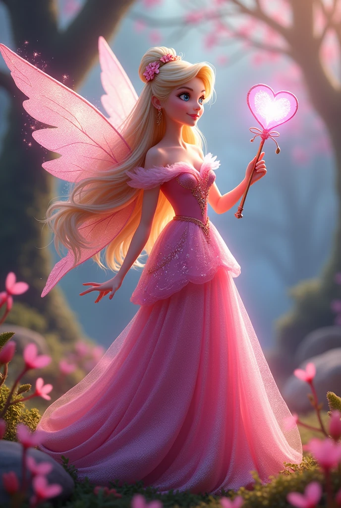 Disney's aurora as a fairy in a pink dress and has sparkly wings. She has a wand with a heart at the end of it.