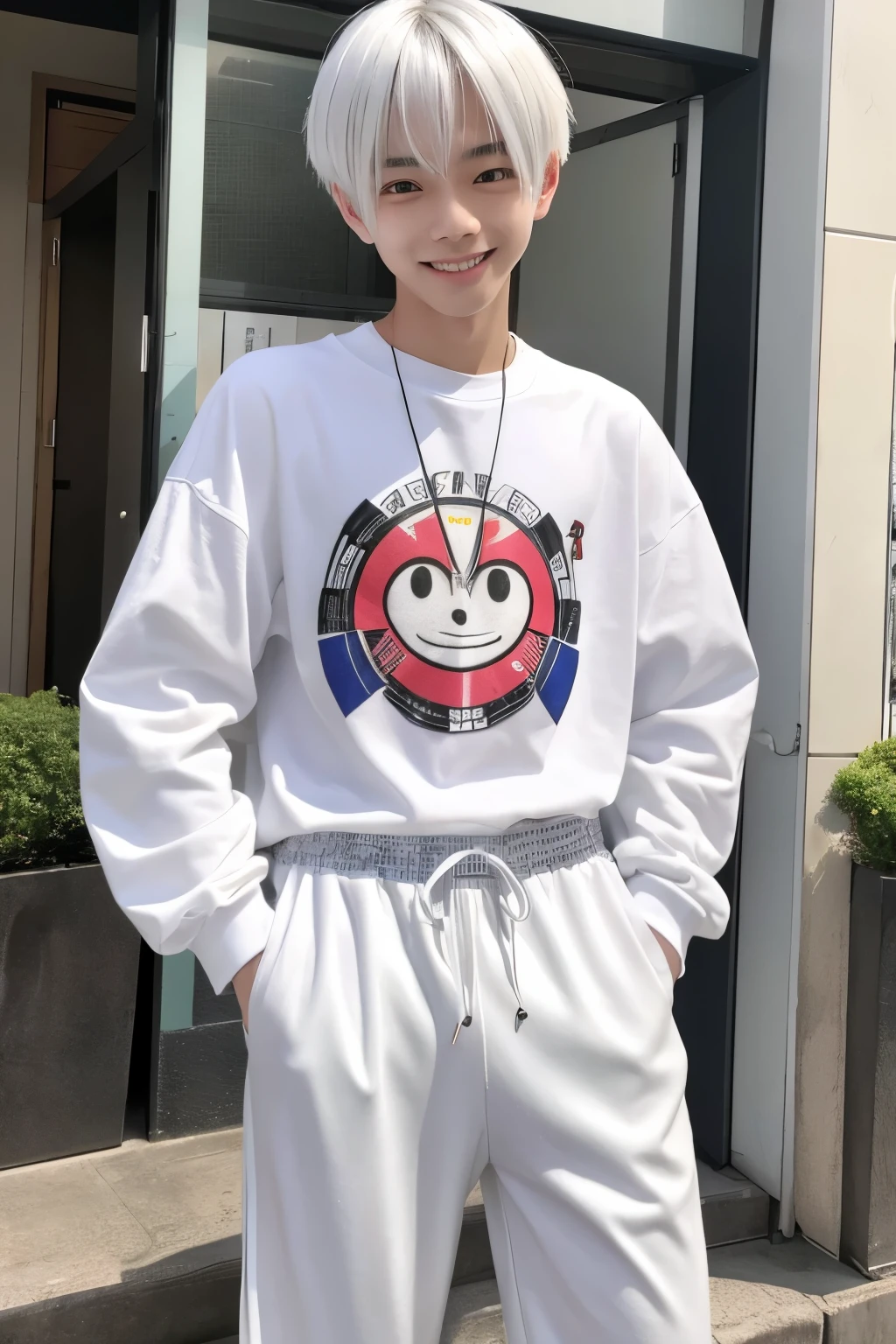 Japanese boy, 20 years old, slim body, white hair, flashy and casual clothes, long sleeves and long pants, good-looking, big eyes that could be mistaken for a girl, smiling face