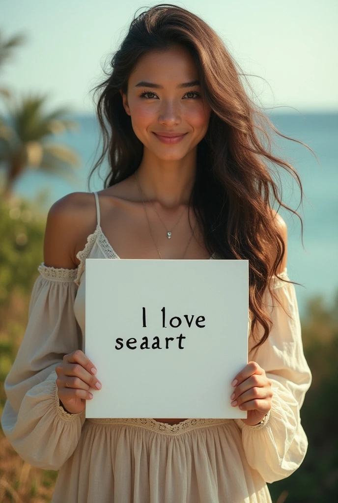 Beautiful girl with wavy long hair, bohemian dress, holding a white board with text "I Love Seaart Infinity" and showing it to the viewer