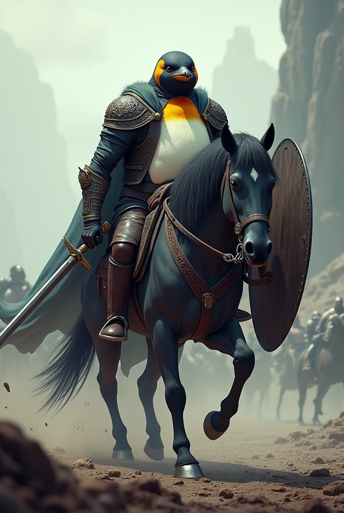 Penguin and his horse for war with shield and sword