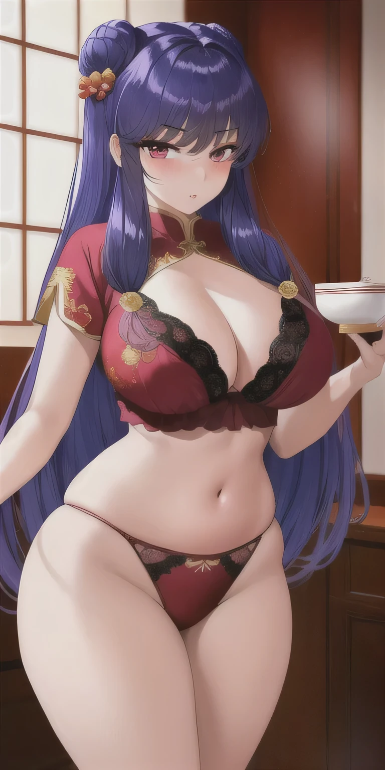 shanpuuranma, big_old, standing, chino_lingerie_floral, masterpiece, Best Quality, detailed face, detailed eyes, High resolution, crimson eyes, blushing, sexy underwear, tetas bigs, pose sexy, seductive look, sensual, in an elegant room, Chinese ornaments, holding a bowl of ramen