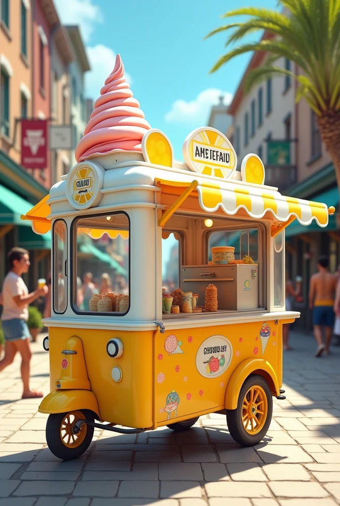 Mobile ice cream cart with yellow and white color 